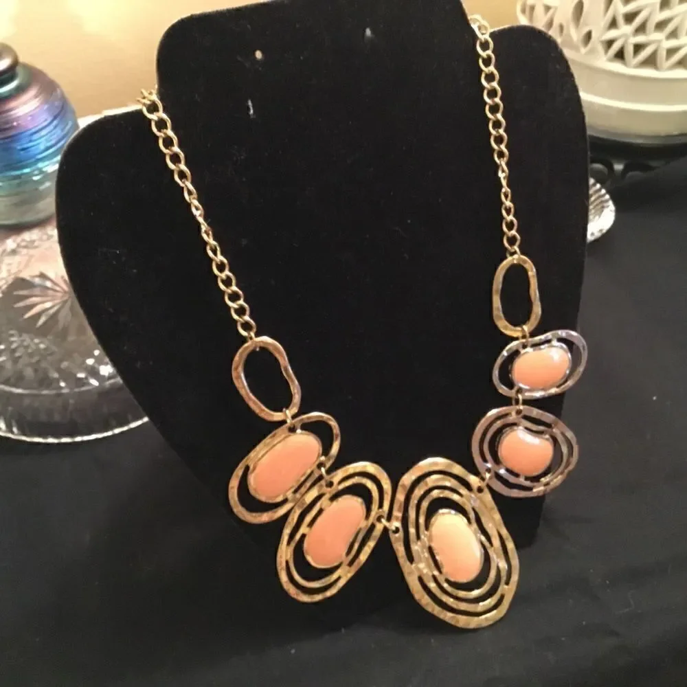 Goldtone Ovals Peach Enamel Necklace